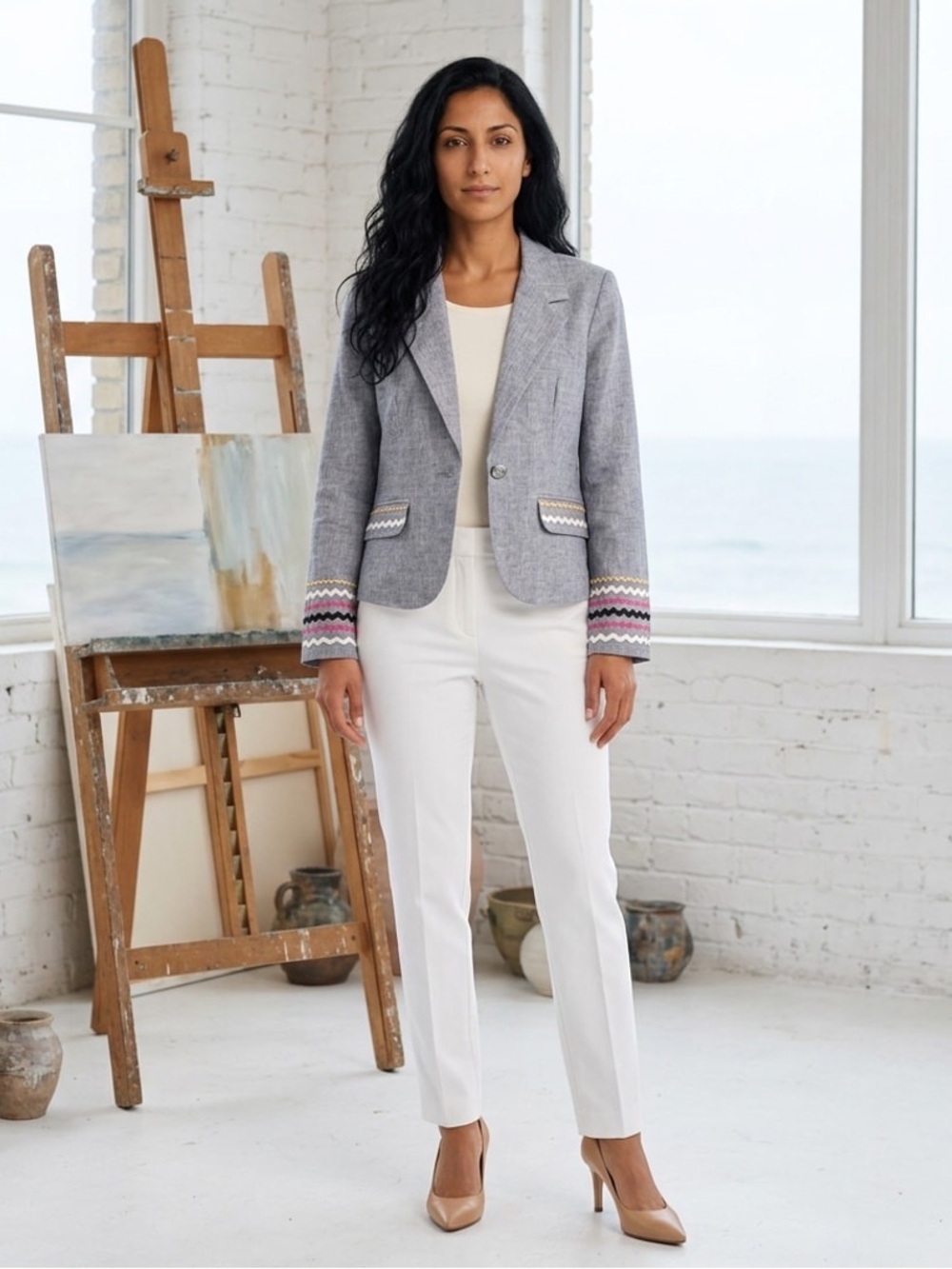 Vintage Blazer Cynthia cotton linen gray tailored women’s jacket Sz M embroidere
